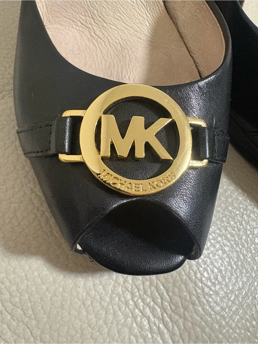 Michael Kors Black Leather Slingback Peep-Toe Heels with Gold MK Logo Size 5.5